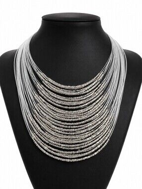 Multi-Layer Black Seed Bead Statement Necklace Silver Tone Multi-Strand Bib